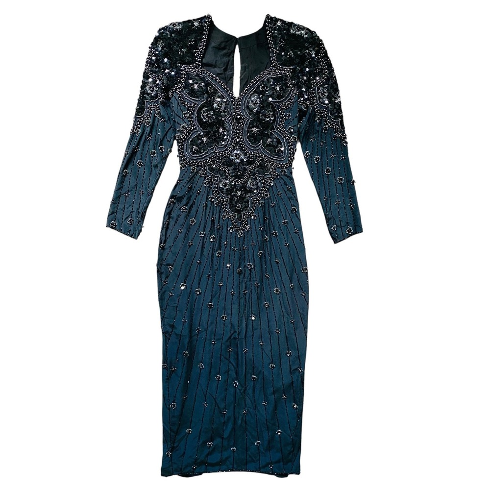 Vintage Demetrios Design Maxi Dress S Black Silk Beaded Burleskque Fairy Glam